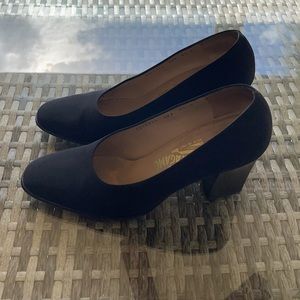 Salvatore Ferragamo Black Suede Pumps.